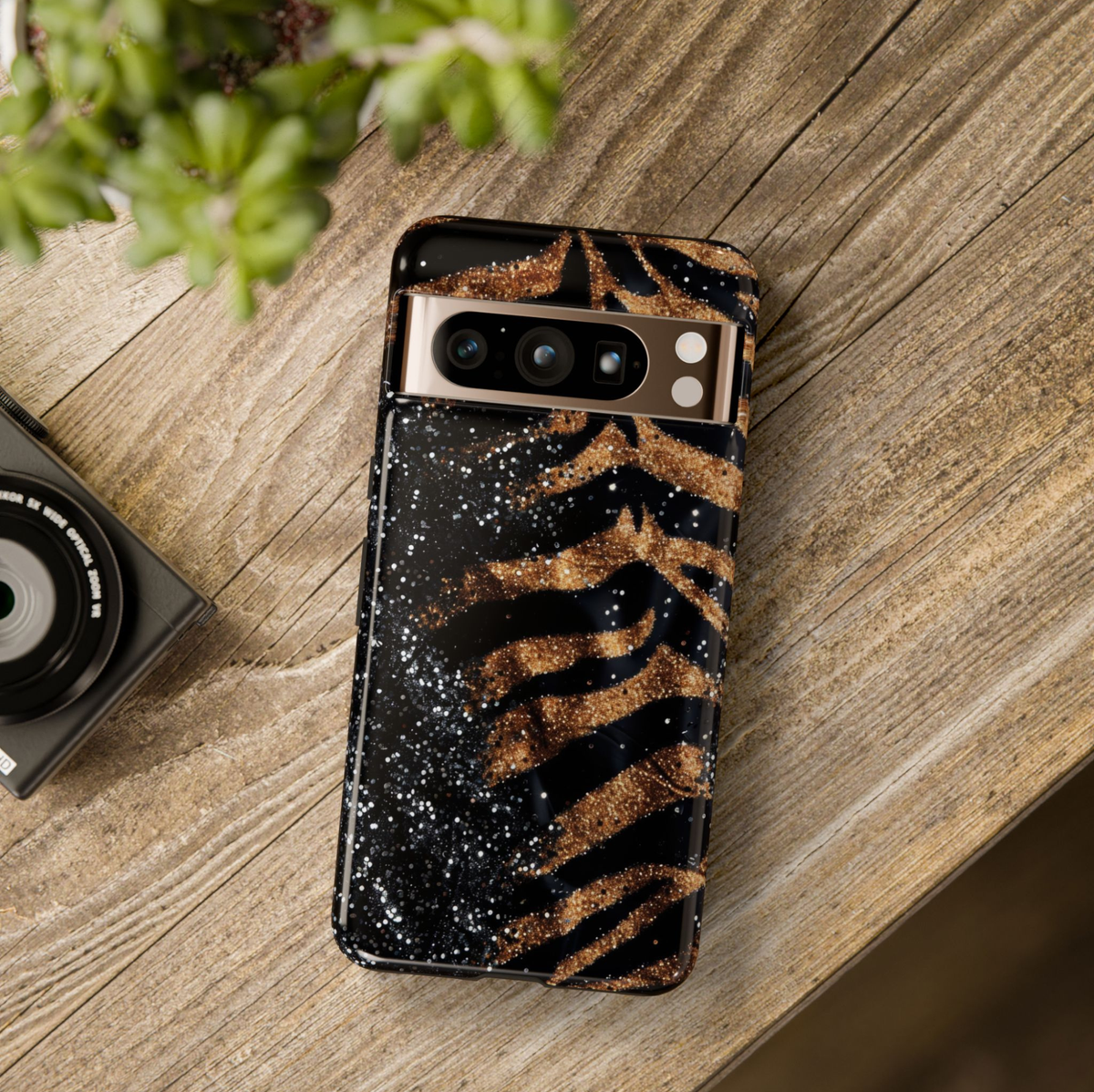 Gold zebra Google Pixel 10 Pro case with black glitter animal print design protective tough case compatible with Pixel 10 Pro Pixel 9 Pro and Pixel 8 Pro luxury safari aesthetic phone cover.
