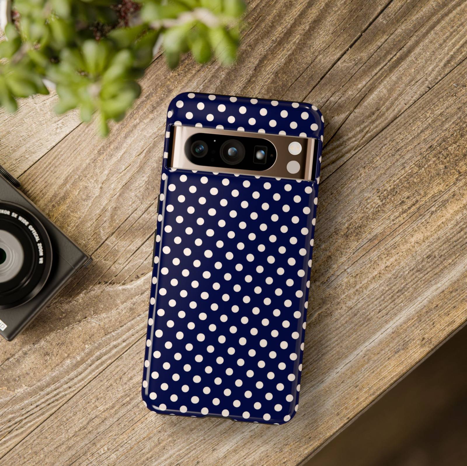 Navy blue polka dot Google Pixel 10 Pro case with white dot pattern protective tough case compatible with Pixel 10 Pro Pixel 9 Pro and Pixel 8 Pro classic minimal aesthetic phone cover.