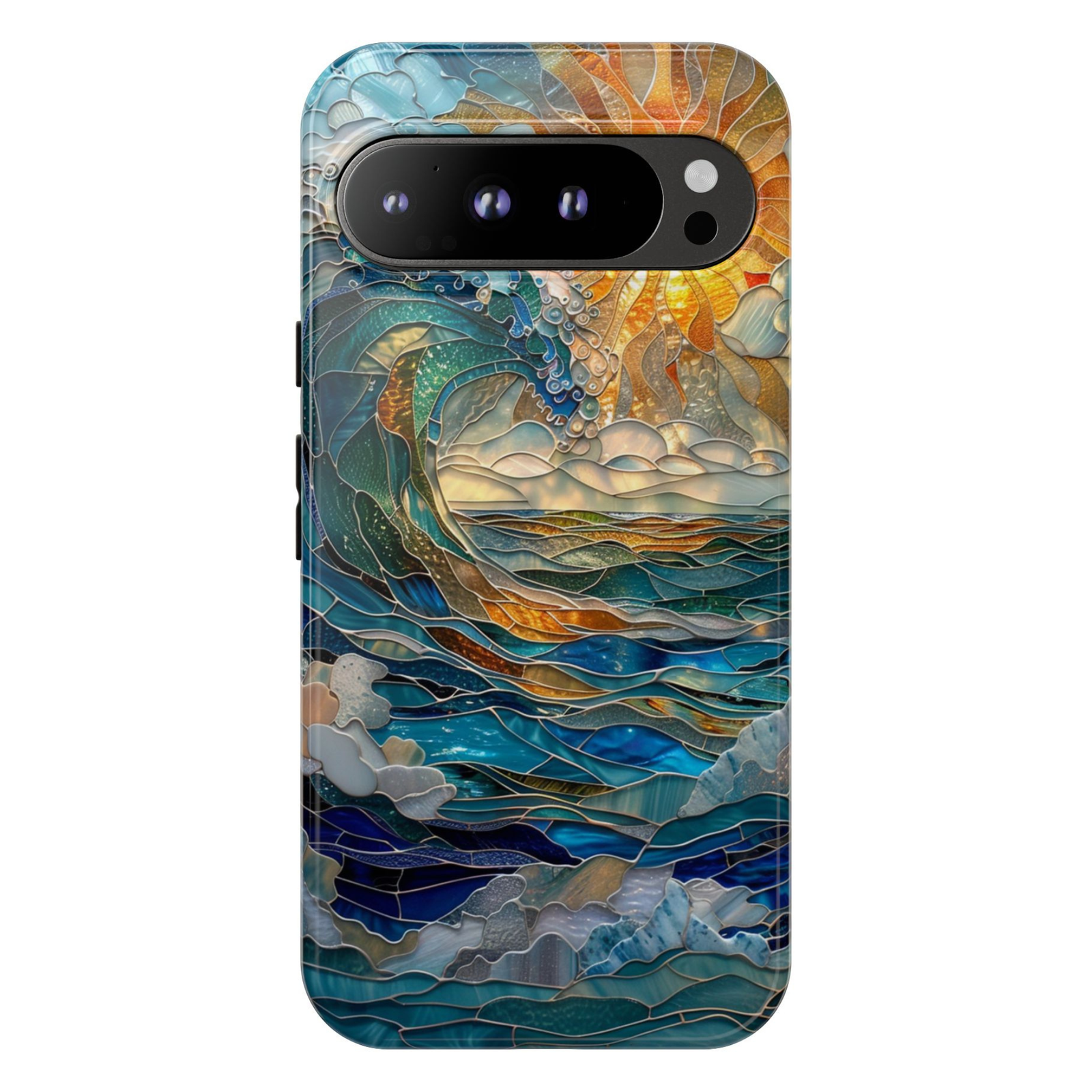 Ocean wave Google Pixel 10 Pro case with blue sea and golden sunrise art protective tough case compatible with Pixel 10 Pro Pixel 9 Pro and Pixel 8 Pro coastal aesthetic phone cover.