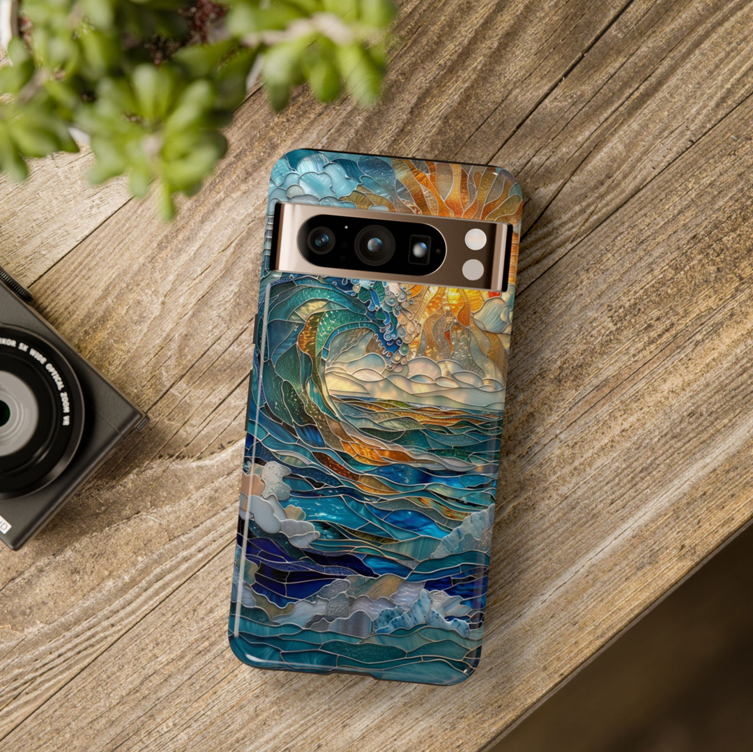 Ocean wave Google Pixel 10 Pro case with blue sea and golden sunrise art protective tough case compatible with Pixel 10 Pro Pixel 9 Pro and Pixel 8 Pro coastal aesthetic phone cover.