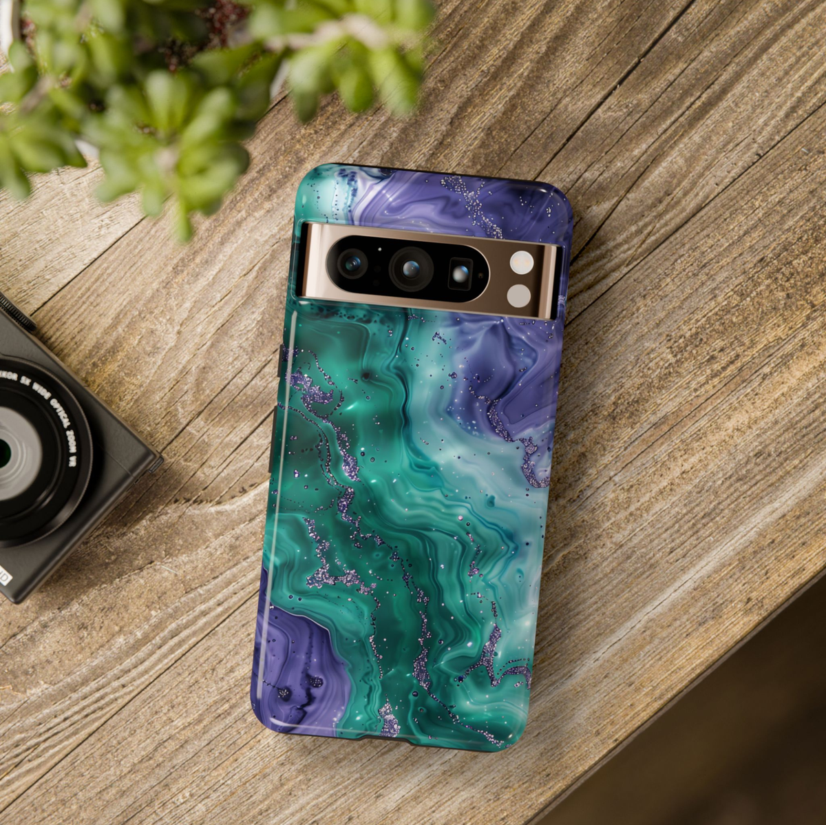 Emerald marble Google Pixel 10 Pro case with teal and purple abstract marble design protective tough case compatible with Pixel 10 Pro Pixel 9 Pro and Pixel 8 Pro modern aesthetic phone cover.