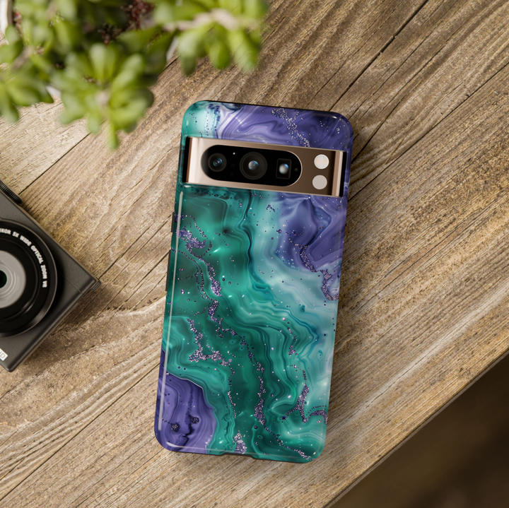 Emerald marble Google Pixel 10 Pro case with teal and purple abstract marble design protective tough case compatible with Pixel 10 Pro Pixel 9 Pro and Pixel 8 Pro modern aesthetic phone cover.