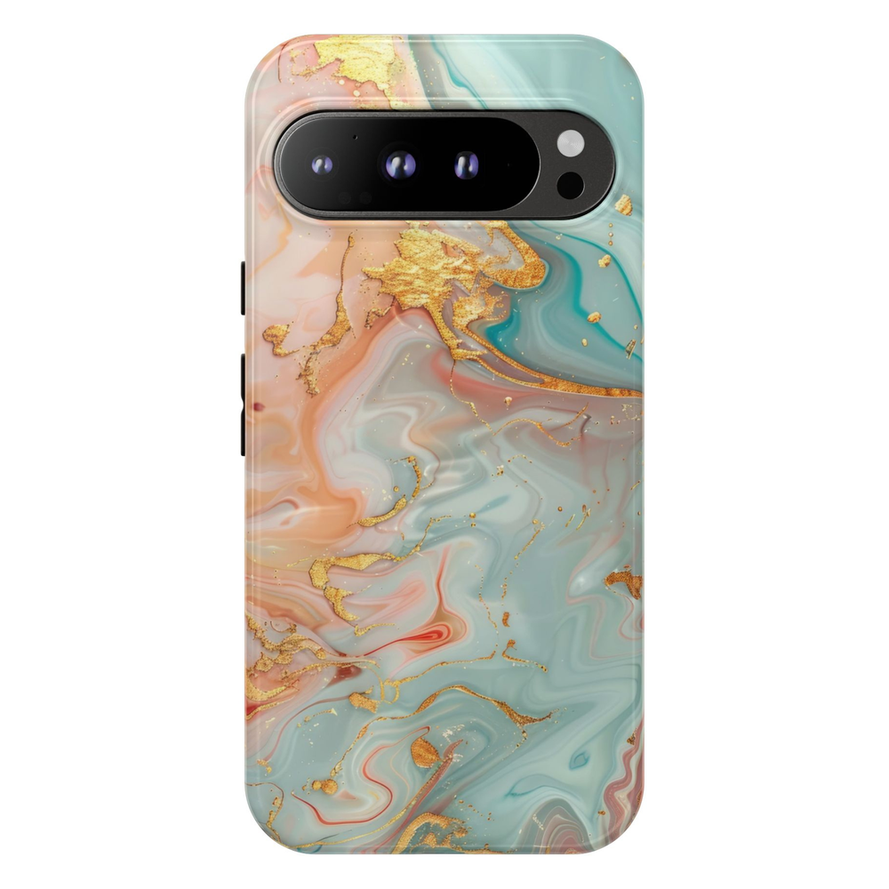 Teal marble Google Pixel 10 Pro case with gold abstract ocean marble design protective tough case compatible with Pixel 10 Pro Pixel 9 Pro and Pixel 8 Pro luxury aesthetic phone cover.
