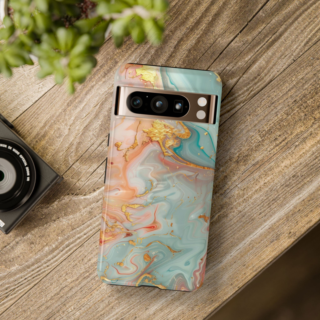 Teal marble Google Pixel 10 Pro case with gold abstract ocean marble design protective tough case compatible with Pixel 10 Pro Pixel 9 Pro and Pixel 8 Pro luxury aesthetic phone cover.