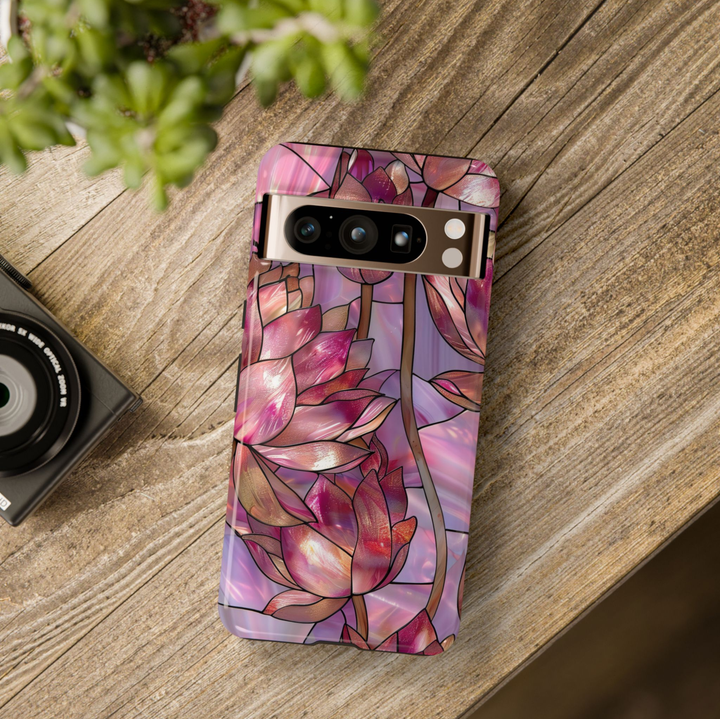 Pink lotus stained glass Google Pixel 10 Pro case with floral mosaic design protective tough case compatible with Google Pixel 10 Pro, Pixel 9 Pro and Pixel 8 Pro elegant lotus flower aesthetic phone cover.