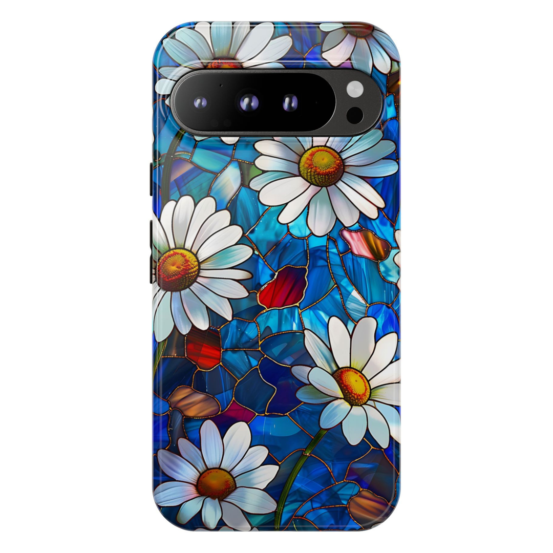 Stained glass daisy Google Pixel 10 Pro case with blue mosaic floral design protective tough case compatible with Google Pixel 10 Pro, Pixel 9 Pro and Pixel 8 Pro daisy flower aesthetic phone cover.