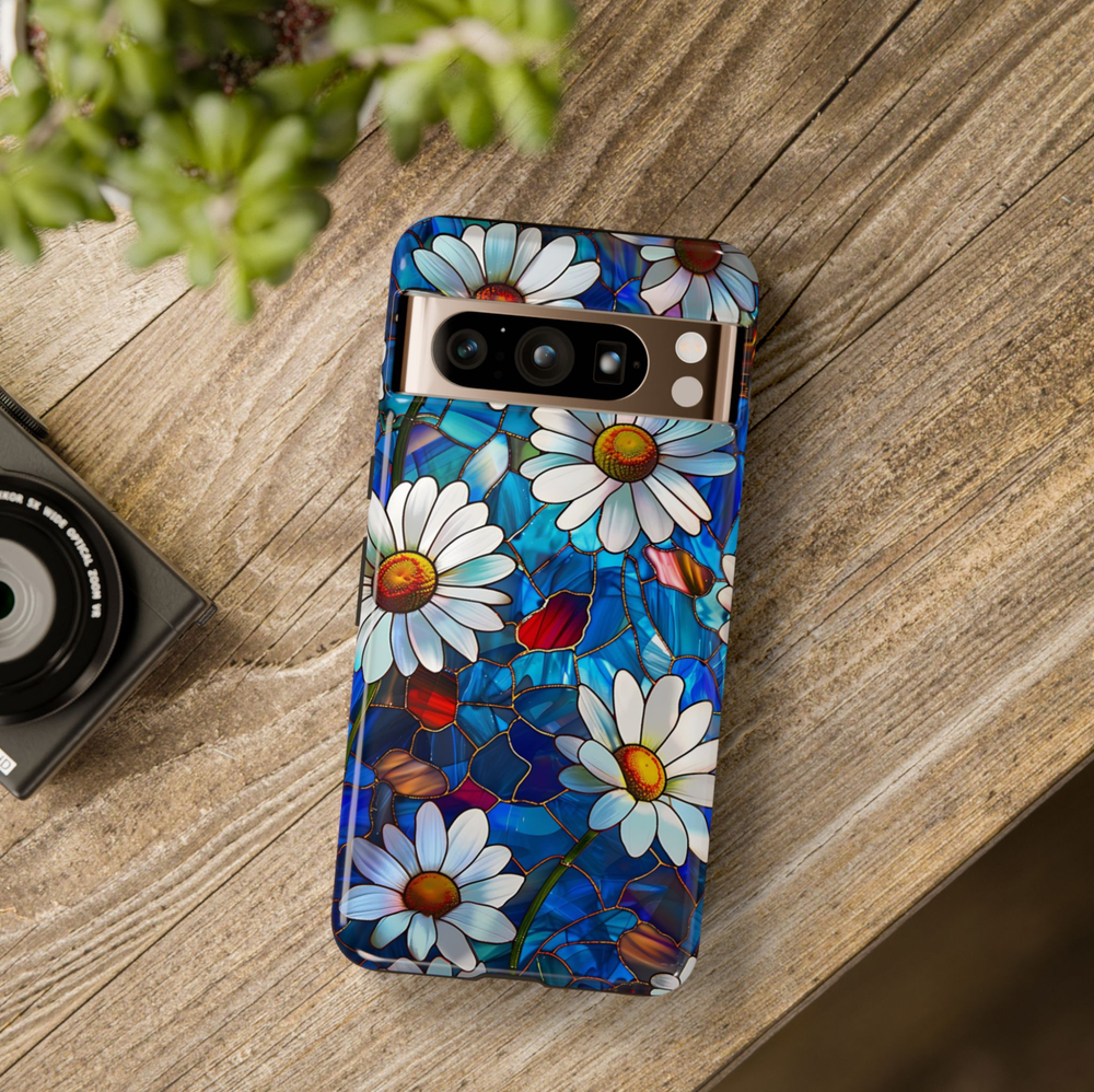 Stained glass daisy Google Pixel 10 Pro case with blue mosaic floral design protective tough case compatible with Google Pixel 10 Pro, Pixel 9 Pro and Pixel 8 Pro daisy flower aesthetic phone cover.