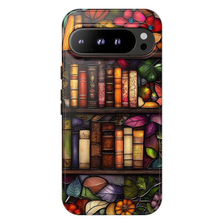 Vintage library Google Pixel 10 Pro case with stained glass floral bookshelf design protective tough case for Google Pixel 10 Pro, Pixel 9 Pro and Pixel 8 Pro book lover aesthetic phone cover.
