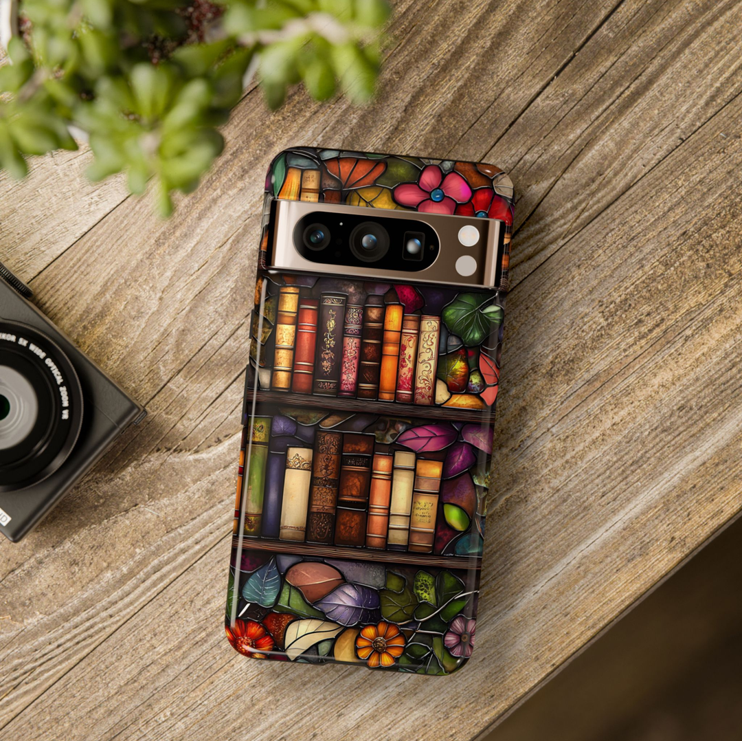 Vintage library Google Pixel 10 Pro case with stained glass floral bookshelf design protective tough case for Google Pixel 10 Pro, Pixel 9 Pro and Pixel 8 Pro book lover aesthetic phone cover.