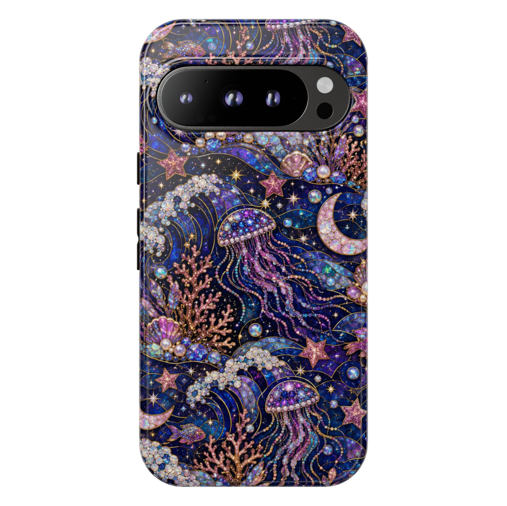 Protective Google Pixel 10 Pro phone case featuring shimmering jellyfish, moonlit ocean waves, coral, pearls, seashells, stars, and celestial artwork in deep blue and purple tones with durable dual-layer protection.