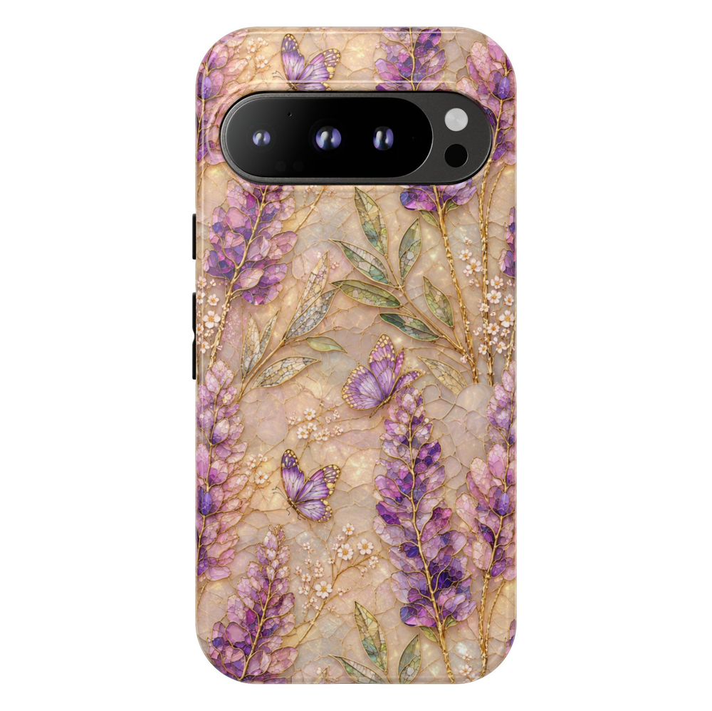 Google Pixel 10 Pro protective phone case featuring lavender flowers, purple butterflies, delicate botanical leaves, and shimmering mother-of-pearl artwork with durable dual-layer protection.