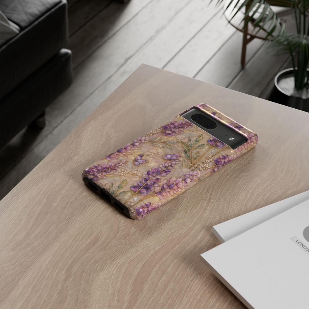 Google Pixel 10 Pro protective phone case featuring lavender flowers, purple butterflies, delicate botanical leaves, and shimmering mother-of-pearl artwork with durable dual-layer protection.