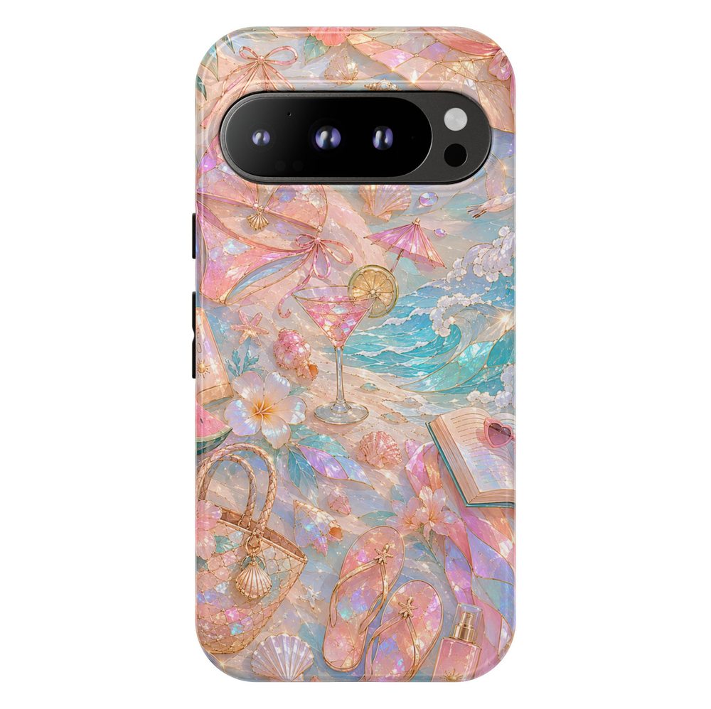 Google Pixel 10 Pro protective phone case featuring pastel beach club artwork with pink cocktails, seashells, ocean waves, tropical flowers, and shimmering pearl details on a durable dual-layer case.