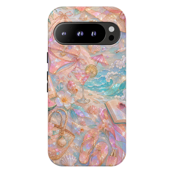 Google Pixel 10 Pro protective phone case featuring pastel beach club artwork with pink cocktails, seashells, ocean waves, tropical flowers, and shimmering pearl details on a durable dual-layer case.