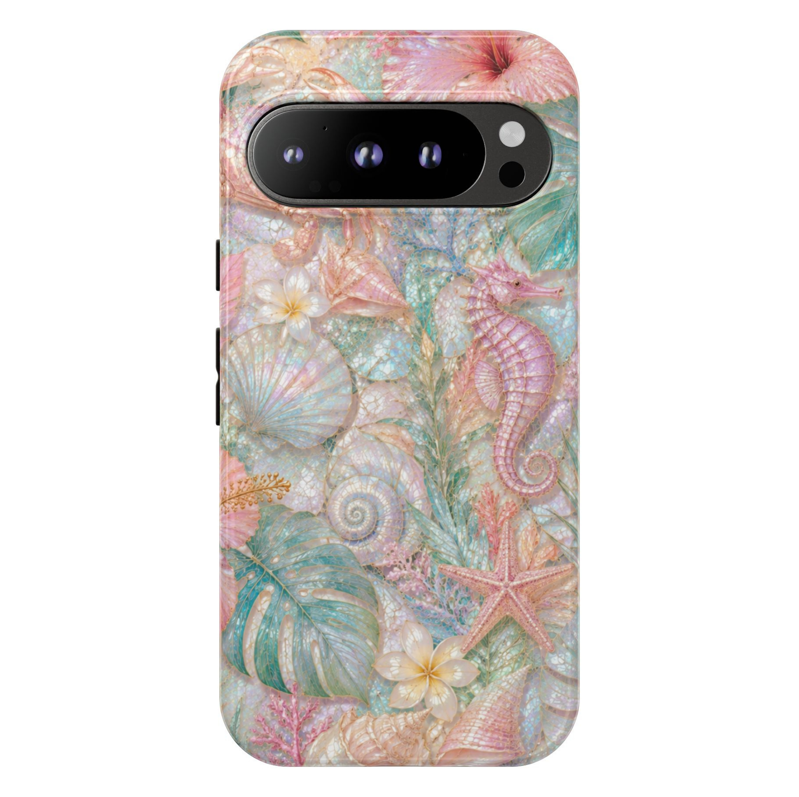 Google Pixel 10 Pro protective phone case featuring a pink seahorse with seashells, starfish, tropical leaves, coral, and shimmering pearl ocean artwork on a durable dual-layer case.