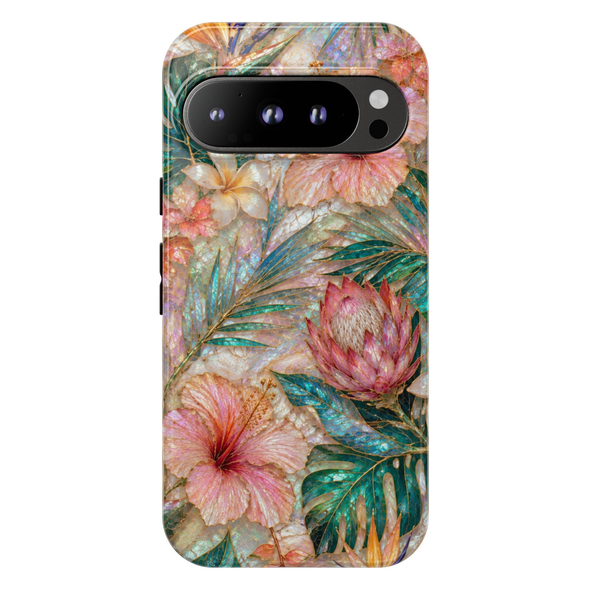 Google Pixel 10 Pro protective phone case featuring blush hibiscus flowers, tropical protea blooms, palm leaves, and shimmering mother-of-pearl artwork with durable dual-layer protection.