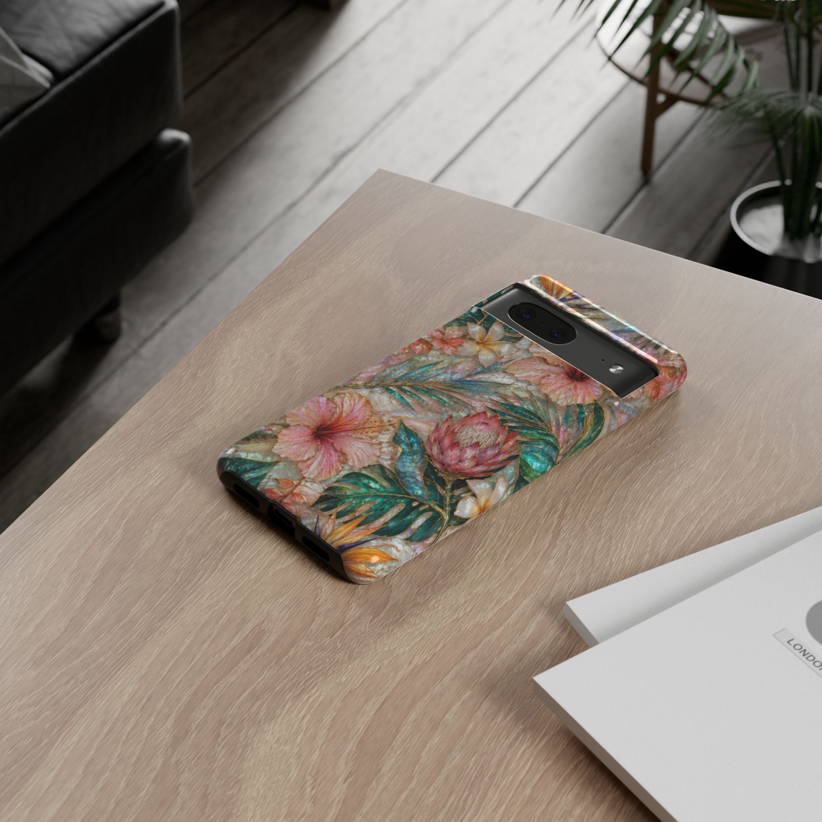Google Pixel 10 Pro protective phone case featuring blush hibiscus flowers, tropical protea blooms, palm leaves, and shimmering mother-of-pearl artwork with durable dual-layer protection.