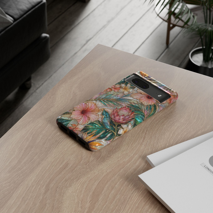Google Pixel 10 Pro protective phone case featuring blush hibiscus flowers, tropical protea blooms, palm leaves, and shimmering mother-of-pearl artwork with durable dual-layer protection.