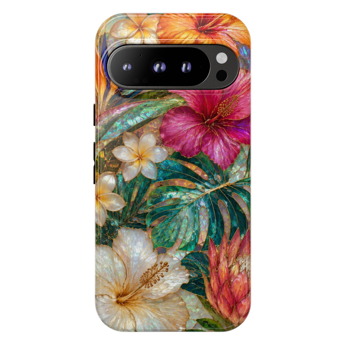 Google Pixel 10 Pro protective phone case featuring luxurious tropical hibiscus flowers, monstera leaves, plumeria blossoms, and shimmering mother-of-pearl artwork with dual-layer protection.