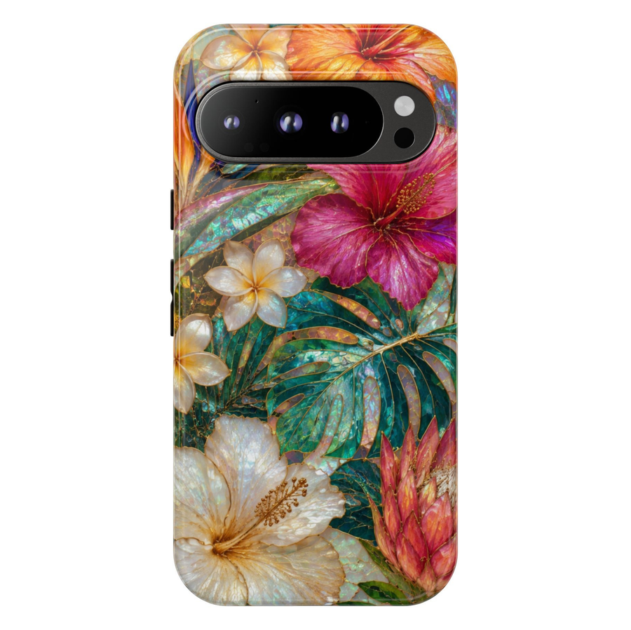 Google Pixel 10 Pro protective phone case featuring luxurious tropical hibiscus flowers, monstera leaves, plumeria blossoms, and shimmering mother-of-pearl artwork with dual-layer protection.
