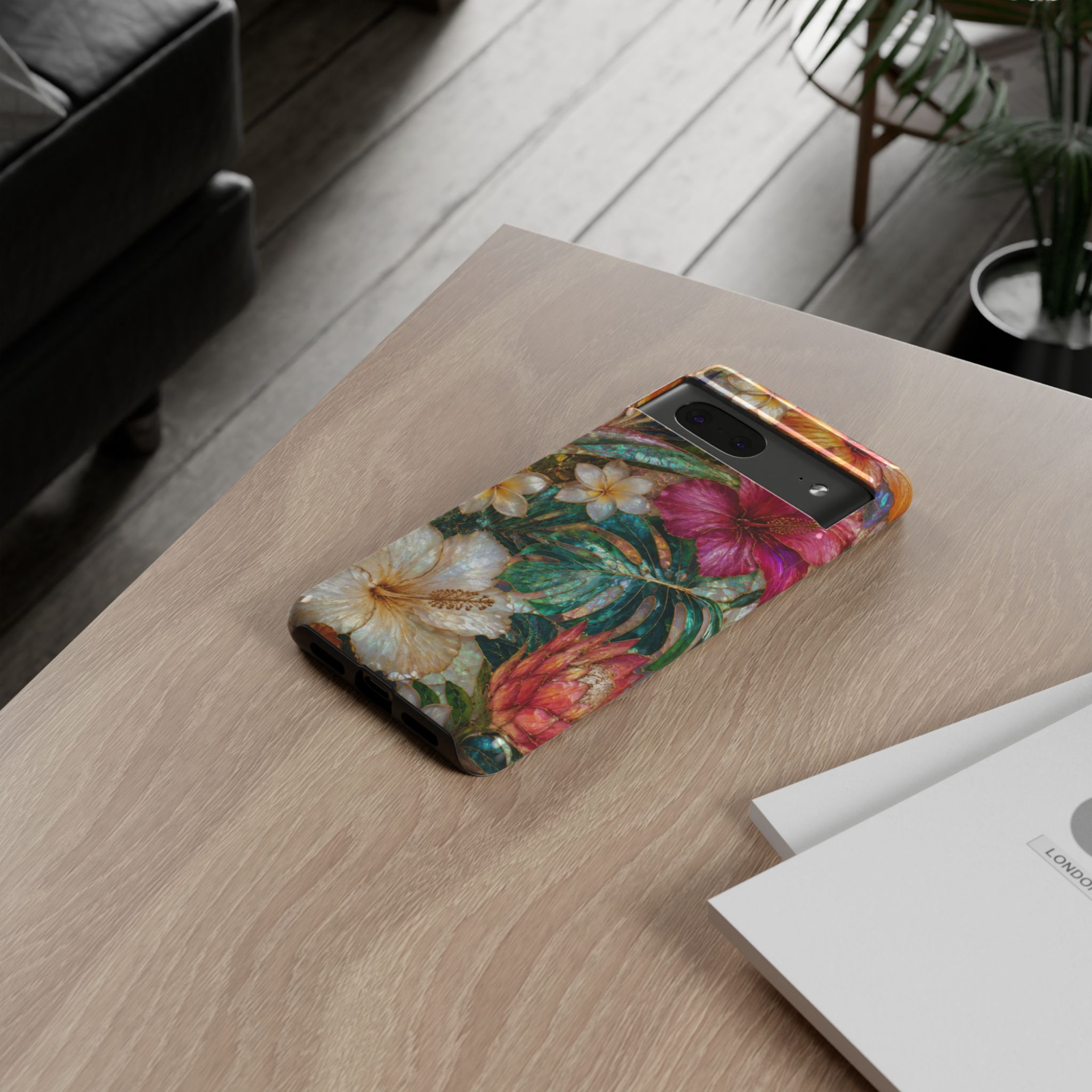 Google Pixel 10 Pro protective phone case featuring luxurious tropical hibiscus flowers, monstera leaves, plumeria blossoms, and shimmering mother-of-pearl artwork with dual-layer protection.