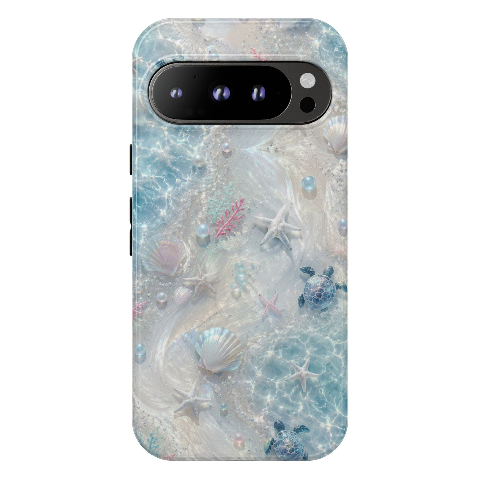 Google Pixel 10 Pro protective phone case featuring shimmering turquoise ocean waves, iridescent seashells, pearls, sea turtles, starfish, and soft coastal artwork with premium dual-layer protection.