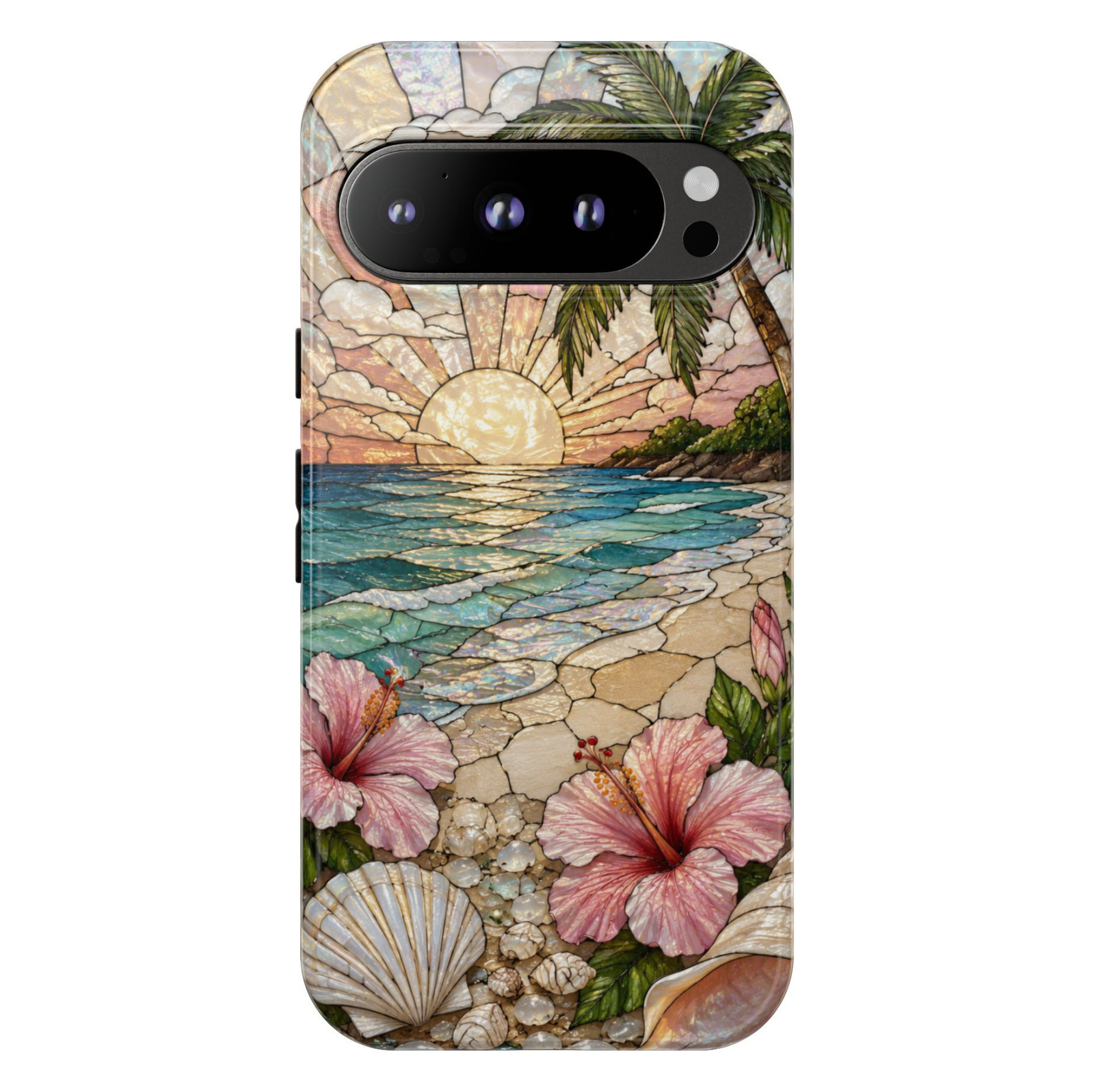 Google Pixel 10 Pro protective phone case featuring a stained glass tropical beach scene with turquoise ocean waves, sunset, palm trees, pink hibiscus flowers, seashells, and shimmering coastal artwork on a durable dual-layer case.