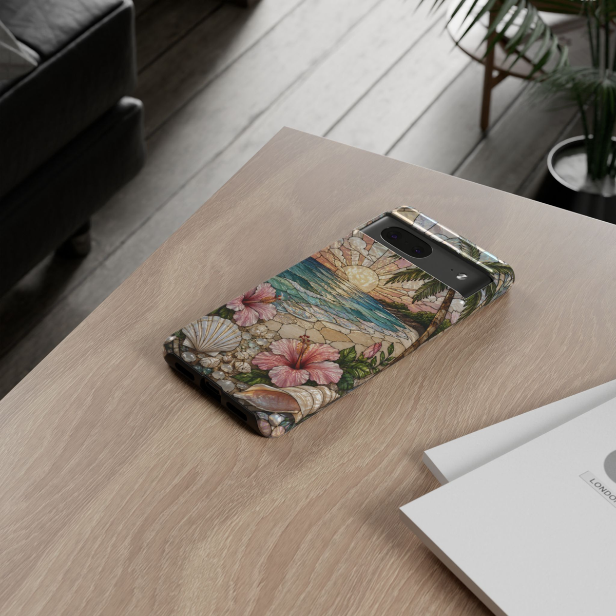 Google Pixel 10 Pro protective phone case featuring a stained glass tropical beach scene with turquoise ocean waves, sunset, palm trees, pink hibiscus flowers, seashells, and shimmering coastal artwork on a durable dual-layer case.
