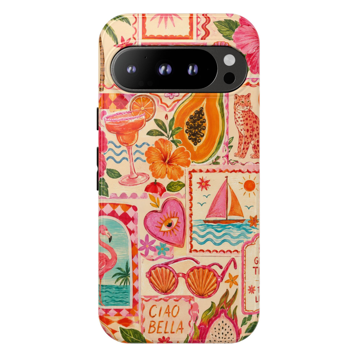 Google Pixel 10 Pro protective phone case featuring an Italian summer collage with citrus cocktails, tropical flowers, sailboats, flamingos, papaya, dragon fruit, and colorful Mediterranean-inspired artwork on a durable dual-layer case.