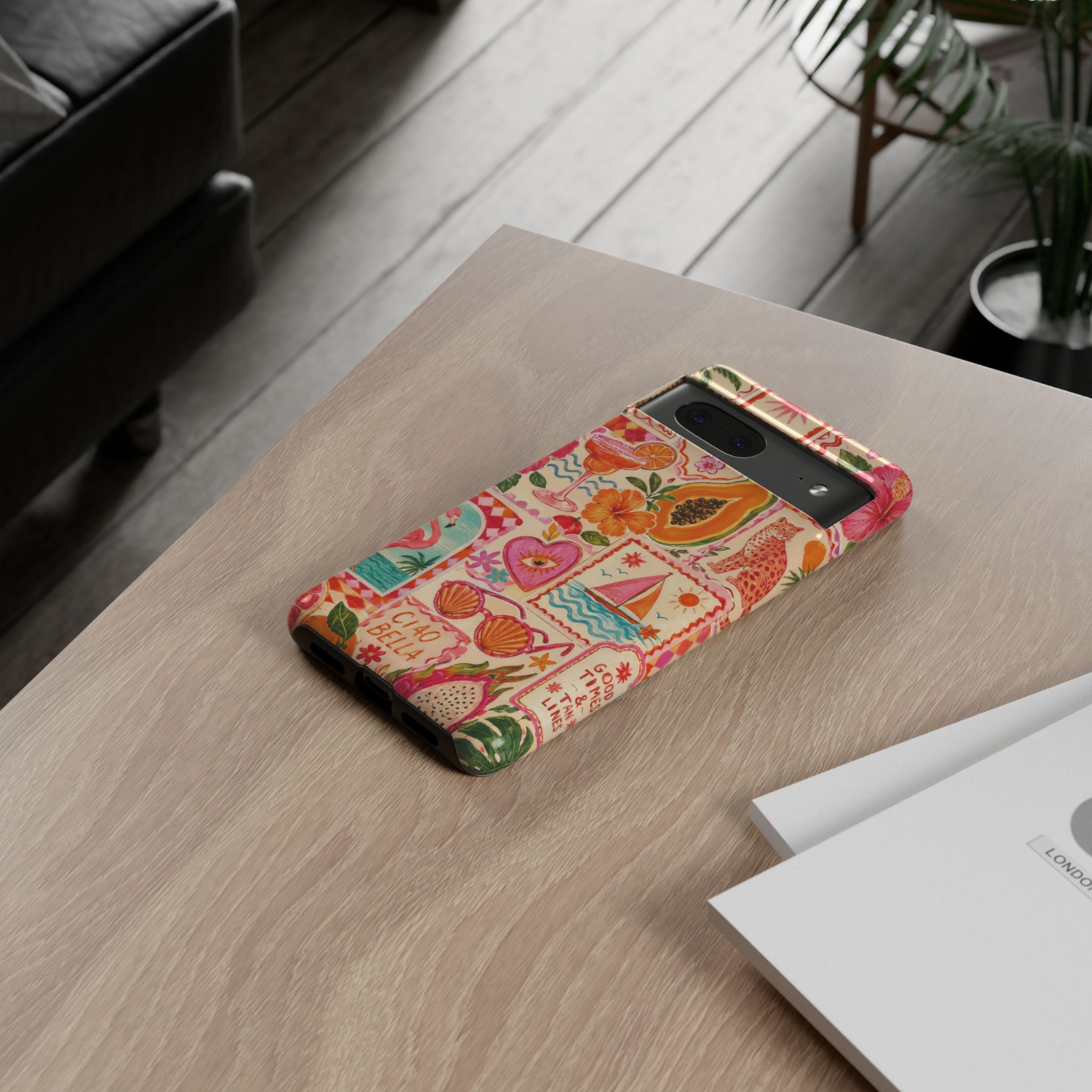 Google Pixel 10 Pro protective phone case featuring an Italian summer collage with citrus cocktails, tropical flowers, sailboats, flamingos, papaya, dragon fruit, and colorful Mediterranean-inspired artwork on a durable dual-layer case.