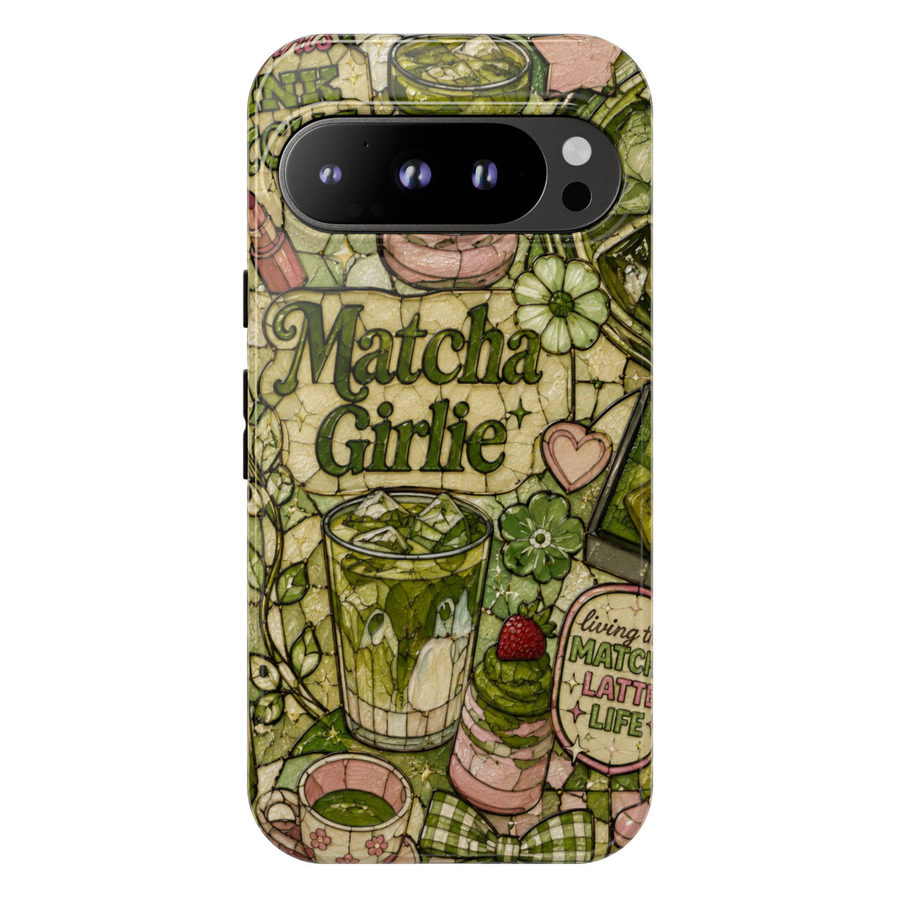 Google Pixel 10 Pro protective phone case featuring a cute matcha latte collage with iced matcha drinks, desserts, bows, flowers, and cozy café-inspired artwork in sage green and blush colors.