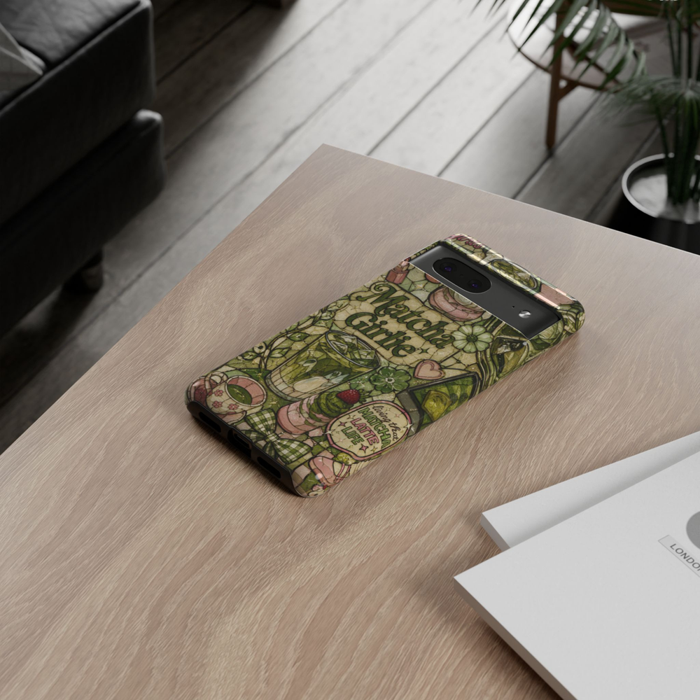 Google Pixel 10 Pro protective phone case featuring a cute matcha latte collage with iced matcha drinks, desserts, bows, flowers, and cozy café-inspired artwork in sage green and blush colors.