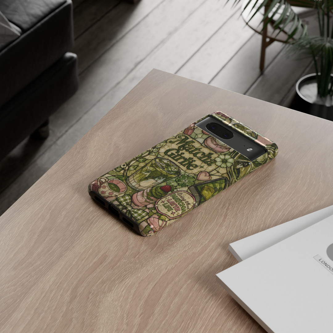 Google Pixel 10 Pro protective phone case featuring a cute matcha latte collage with iced matcha drinks, desserts, bows, flowers, and cozy café-inspired artwork in sage green and blush colors.