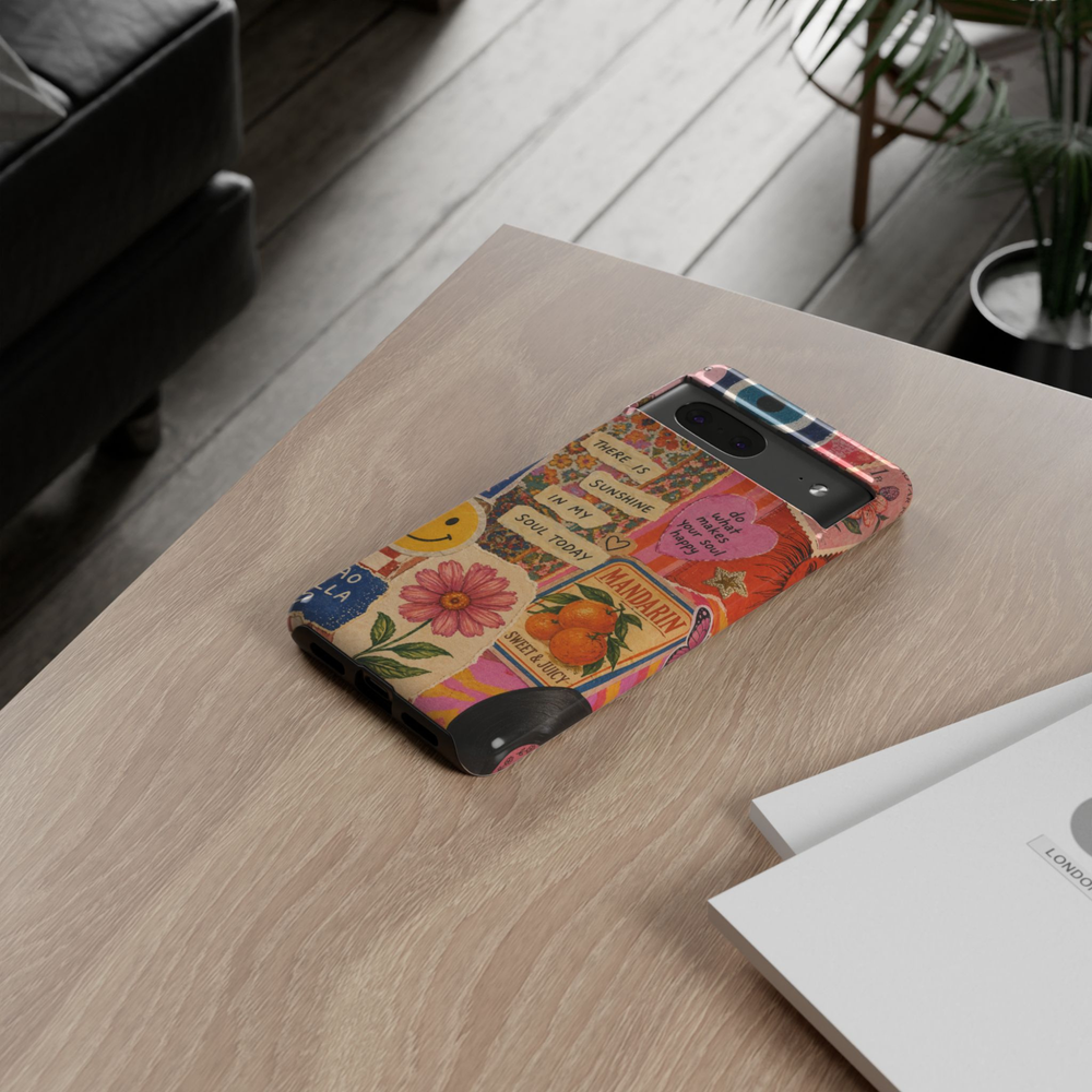 Google Pixel 10 Pro protective phone case featuring a colorful retro scrapbook collage with inspirational quotes, smiley face, flowers, vintage fruit labels, and aesthetic paper textures on a durable dual-layer case.