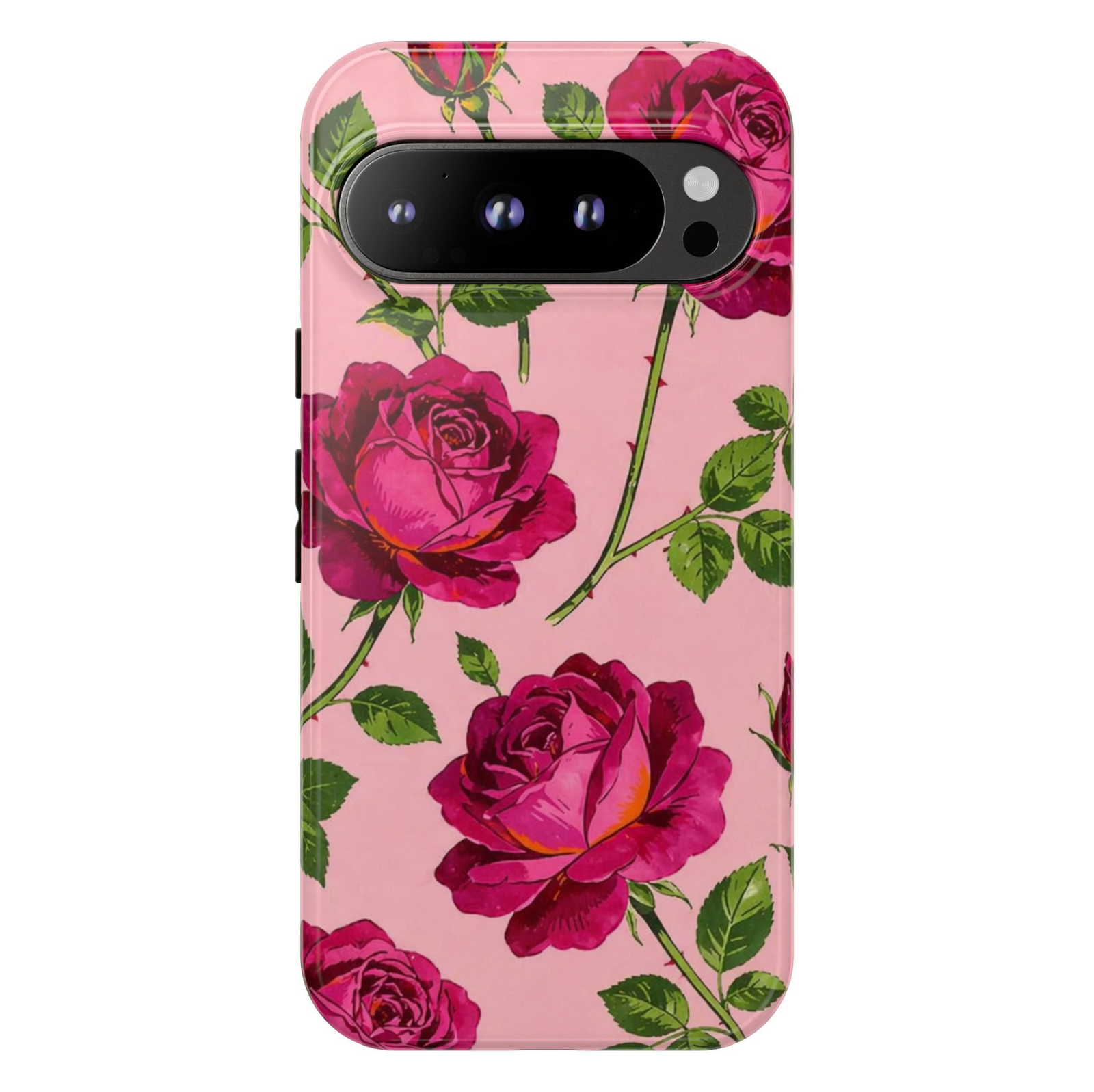 Google Pixel 10 Pro protective phone case featuring vintage magenta roses with green leaves on a blush pink background, offering durable dual-layer protection and elegant botanical style.