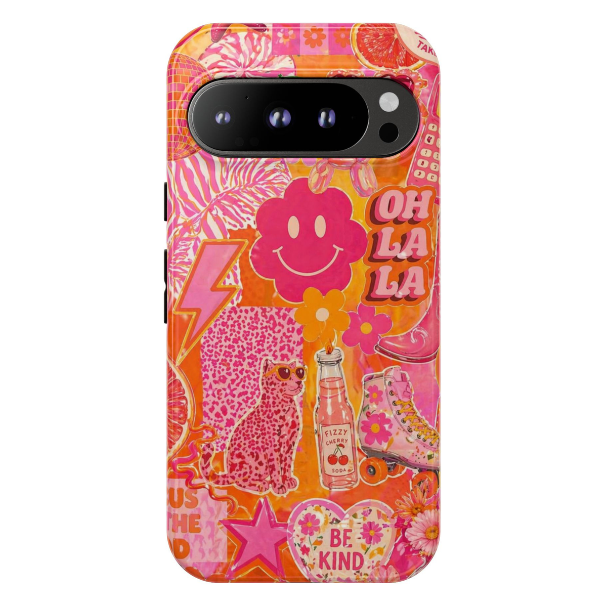 Google Pixel 10 Pro retro pink Y2K sticker collage phone case featuring smiley flowers, cherries, roller skates, leopard print, lightning bolt, and colorful pop-art graphics with durable protective design.