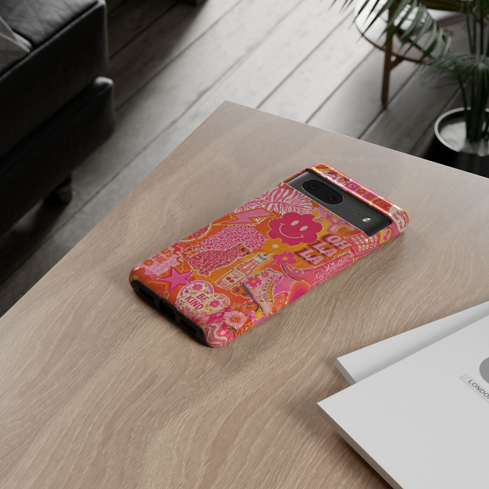 Google Pixel 10 Pro retro pink Y2K sticker collage phone case featuring smiley flowers, cherries, roller skates, leopard print, lightning bolt, and colorful pop-art graphics with durable protective design.