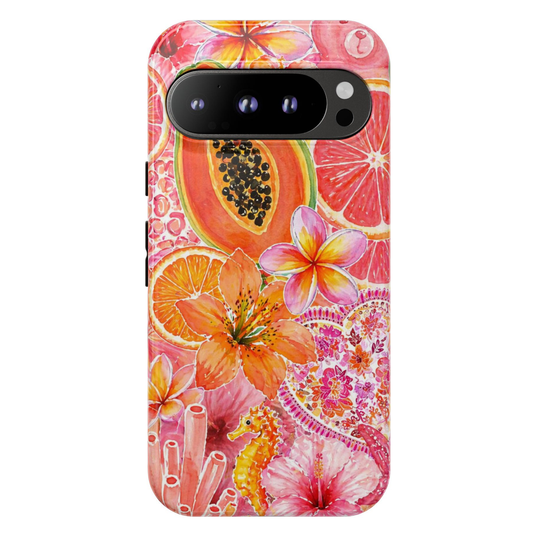 Google Pixel 10 Pro tropical watercolor phone case featuring papaya, citrus slices, hibiscus flowers, coral, seahorse, and vibrant pink coastal artwork with durable protective design.