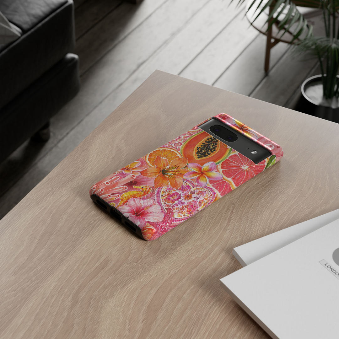 Google Pixel 10 Pro tropical watercolor phone case featuring papaya, citrus slices, hibiscus flowers, coral, seahorse, and vibrant pink coastal artwork with durable protective design.