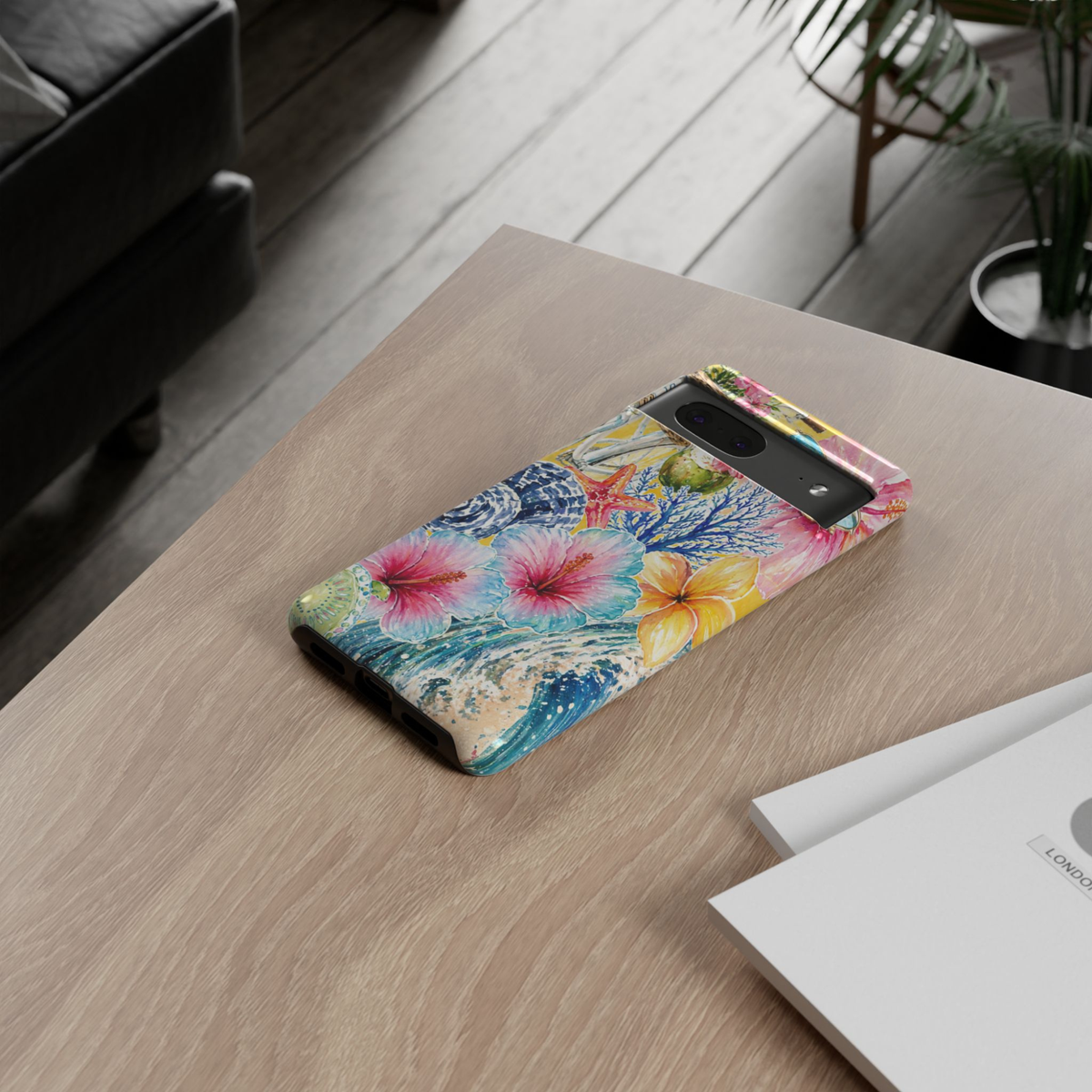 Tropical hibiscus beach Google Pixel 10 protective phone case featuring watercolor seashells, coral, starfish, and colorful coastal floral artwork.