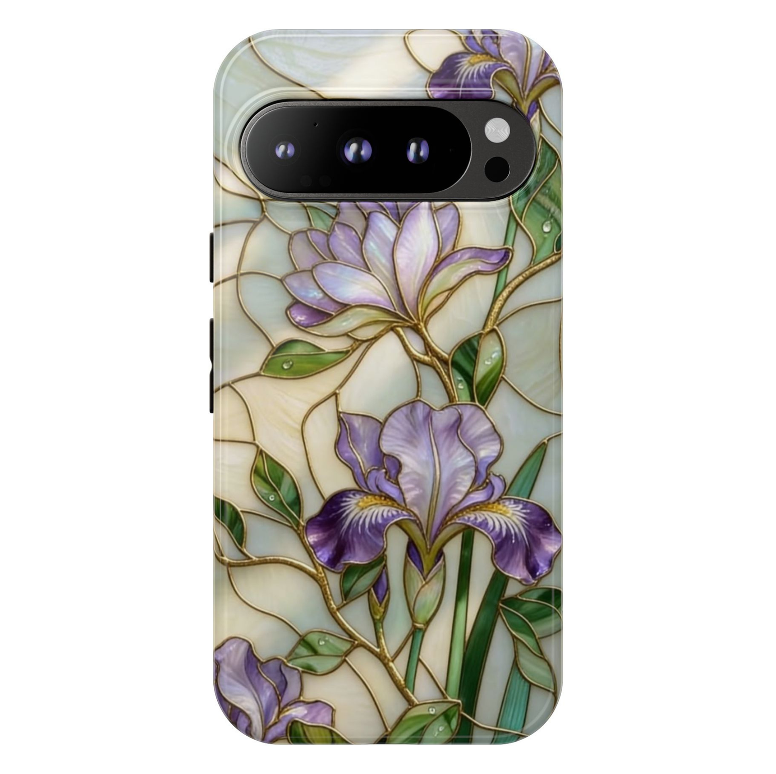 Purple iris stained glass Google Pixel 10 Pro protective phone case with pearl background, gold outlines, elegant botanical floral artwork, and Art Nouveau inspired design.