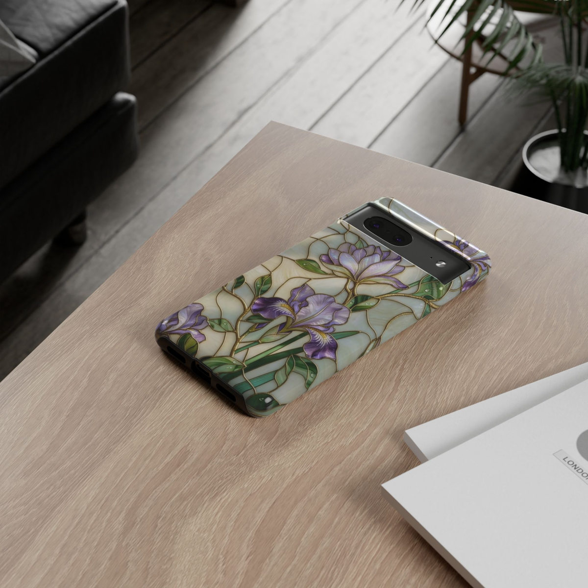 Purple iris stained glass Google Pixel 10 Pro protective phone case with pearl background, gold outlines, elegant botanical floral artwork, and Art Nouveau inspired design.