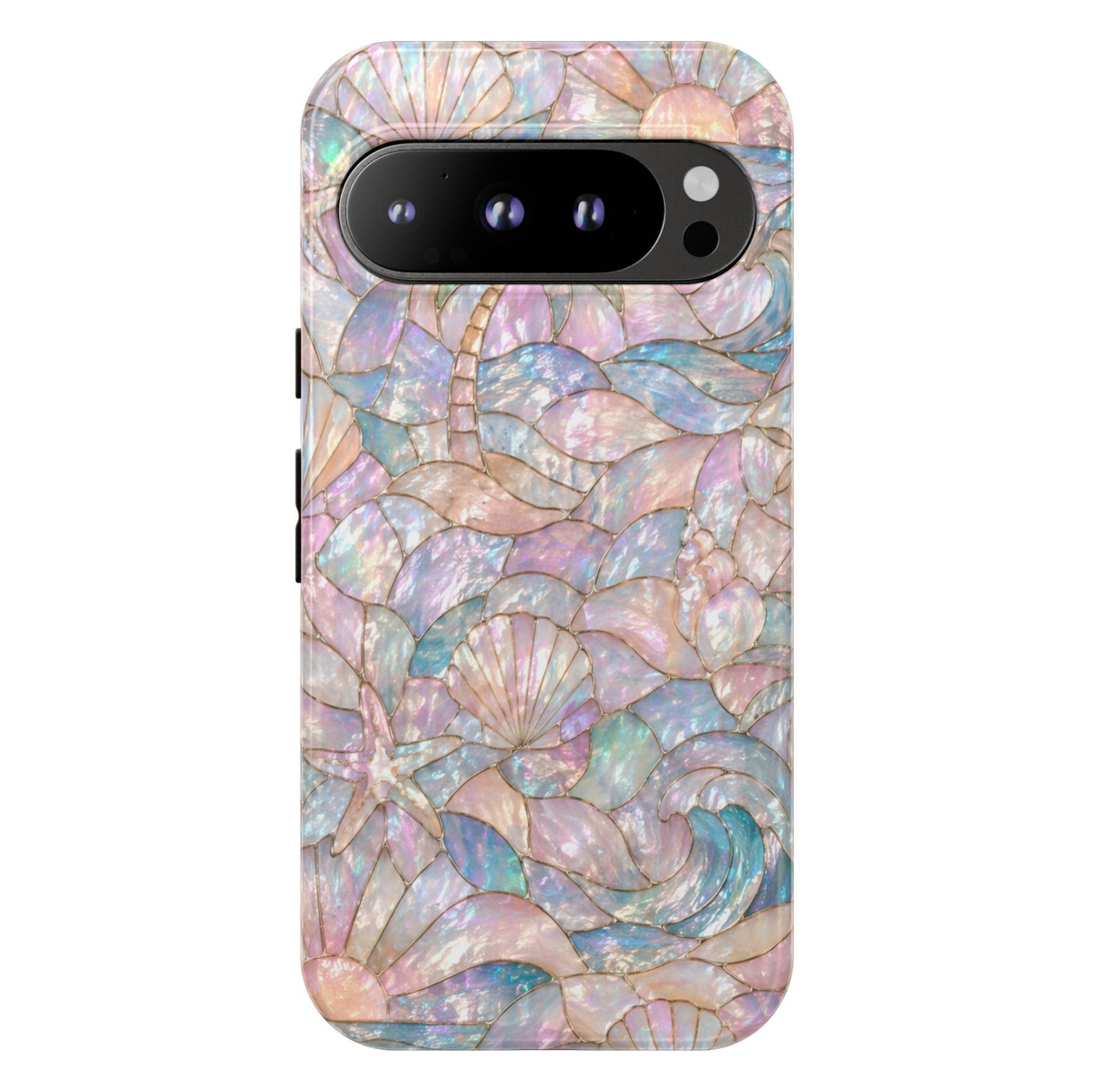 Pearl Tide Google Pixel 10 Pro protective phone case featuring iridescent mother-of-pearl stained glass artwork with ocean waves, seashells, starfish, and pastel coastal colors.