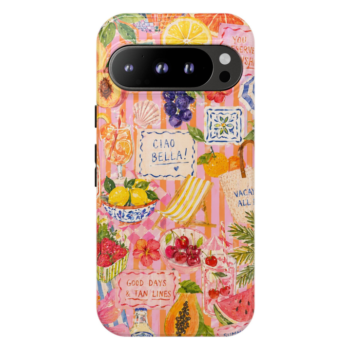 Ciao Bella Club Google Pixel 10 Pro protective phone case featuring an Italian summer collage with lemons, cherries, citrus drinks, beach chair, Mediterranean tiles, and pink striped background.