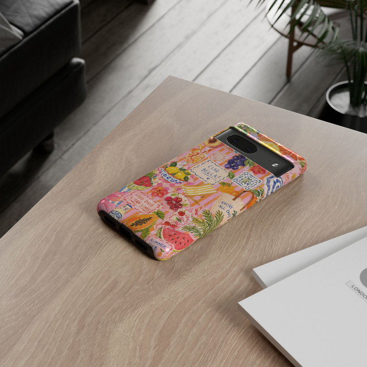 Ciao Bella Club Google Pixel 10 Pro protective phone case featuring an Italian summer collage with lemons, cherries, citrus drinks, beach chair, Mediterranean tiles, and pink striped background.