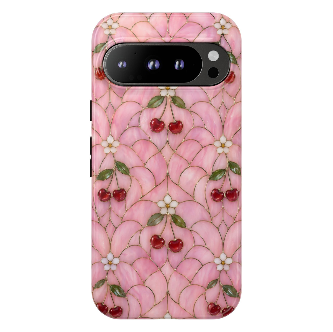 Cherry Belle Google Pixel 10 Pro protective phone case featuring pink stained glass artwork with red cherries, white blossoms, and elegant gold outlines.