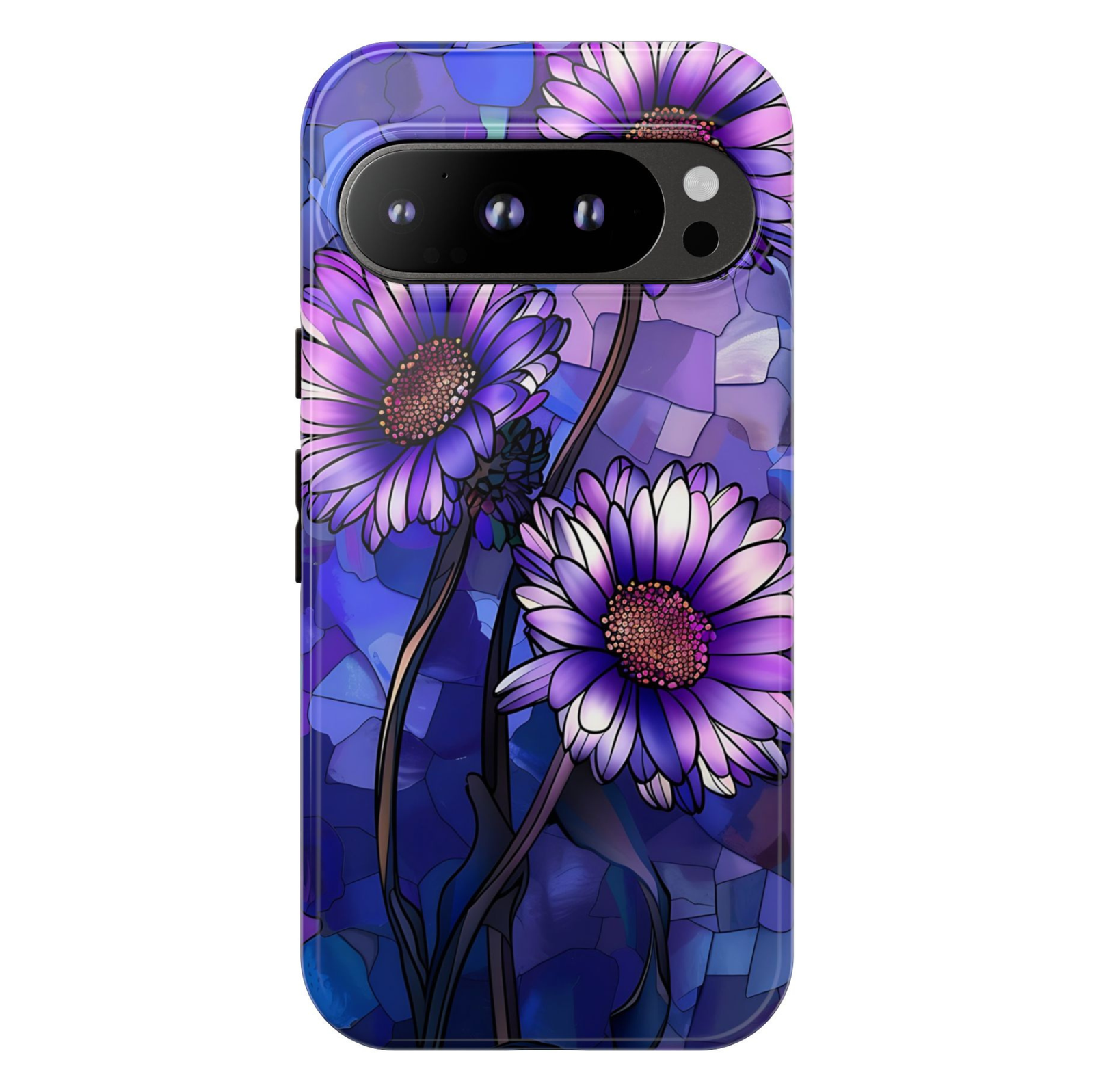 Violet Nocturne Google Pixel 10 Pro protective phone case featuring purple daisy flowers on a rich indigo and violet stained-glass-inspired background.