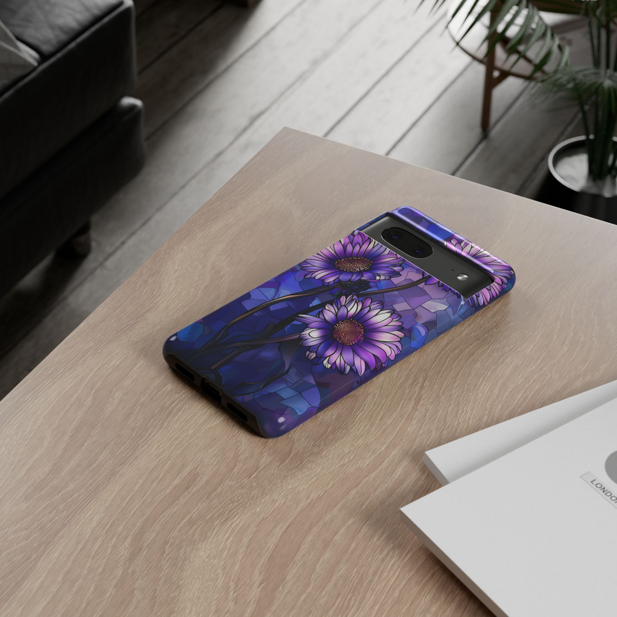 Violet Nocturne Google Pixel 10 Pro protective phone case featuring purple daisy flowers on a rich indigo and violet stained-glass-inspired background.