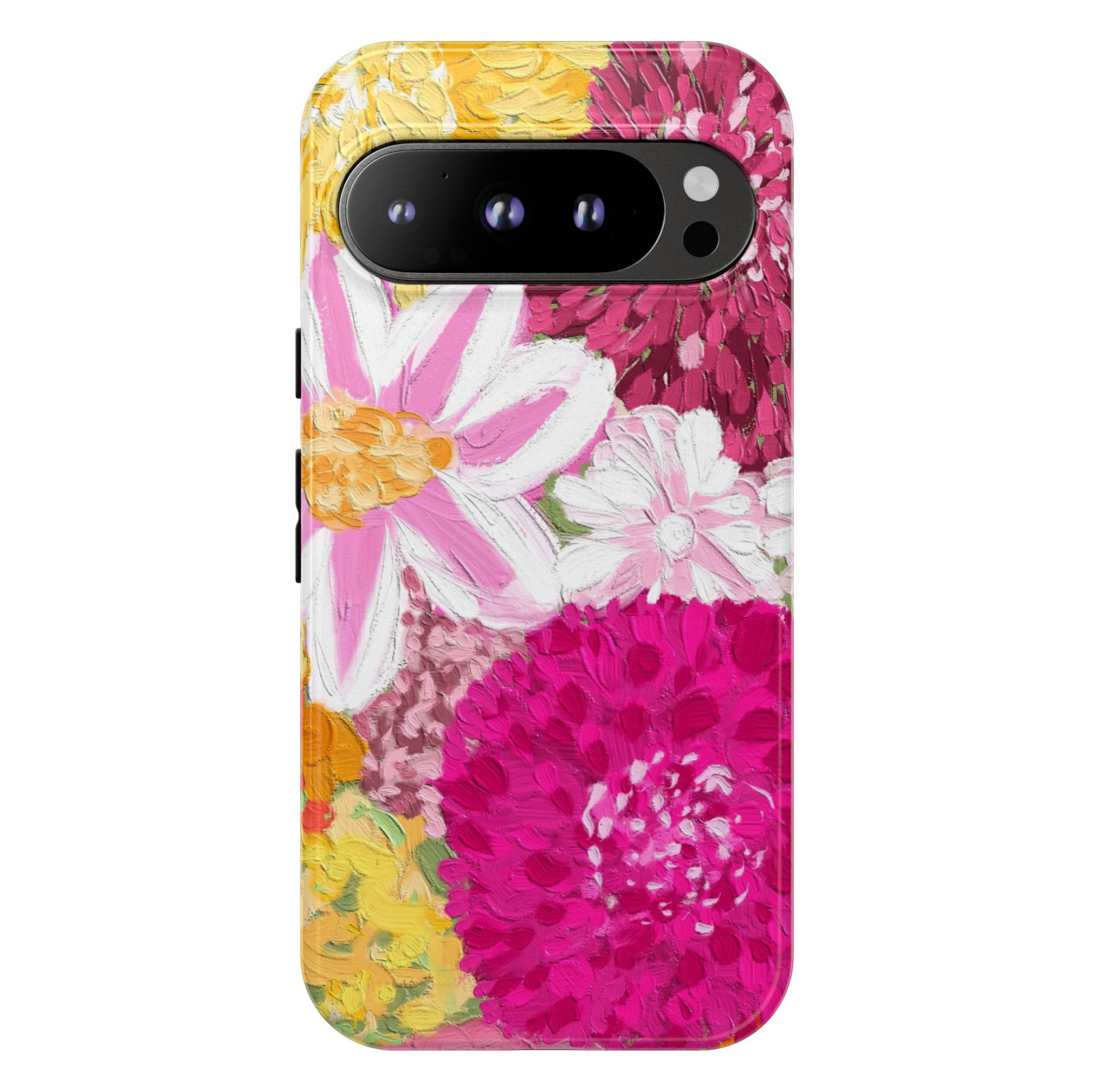 Bloom Society Google Pixel 10 Pro protective phone case featuring oversized hand-painted pink, white, and yellow floral bouquet artwork with textured oil painting brushstrokes.