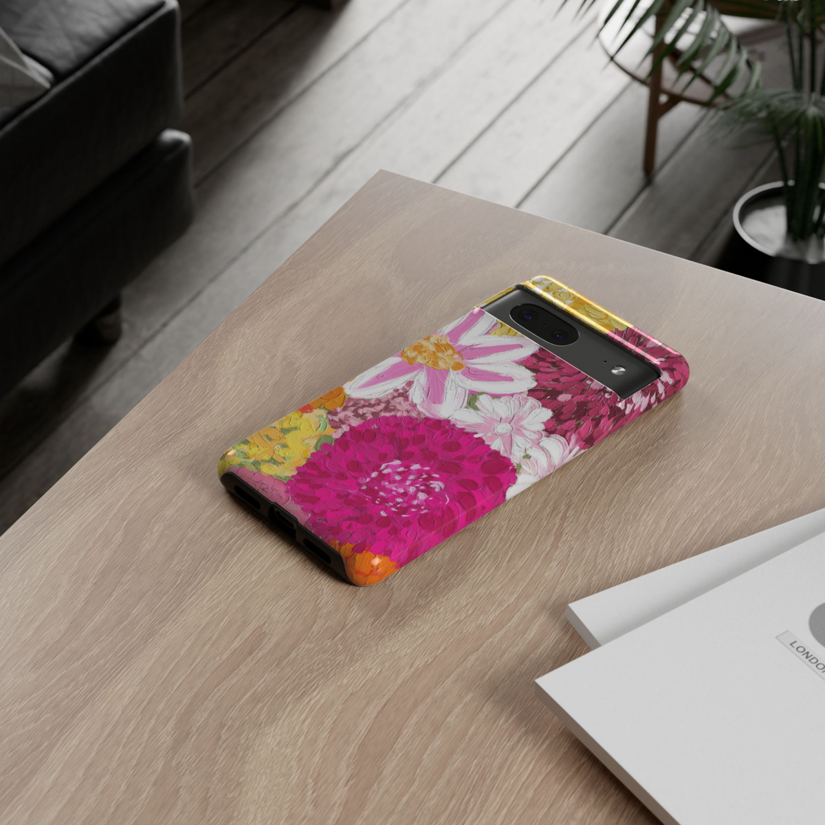 Bloom Society Google Pixel 10 Pro protective phone case featuring oversized hand-painted pink, white, and yellow floral bouquet artwork with textured oil painting brushstrokes.